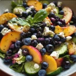 Bright Blueberry Peach Feta Salad with fresh fruits and creamy feta cheese