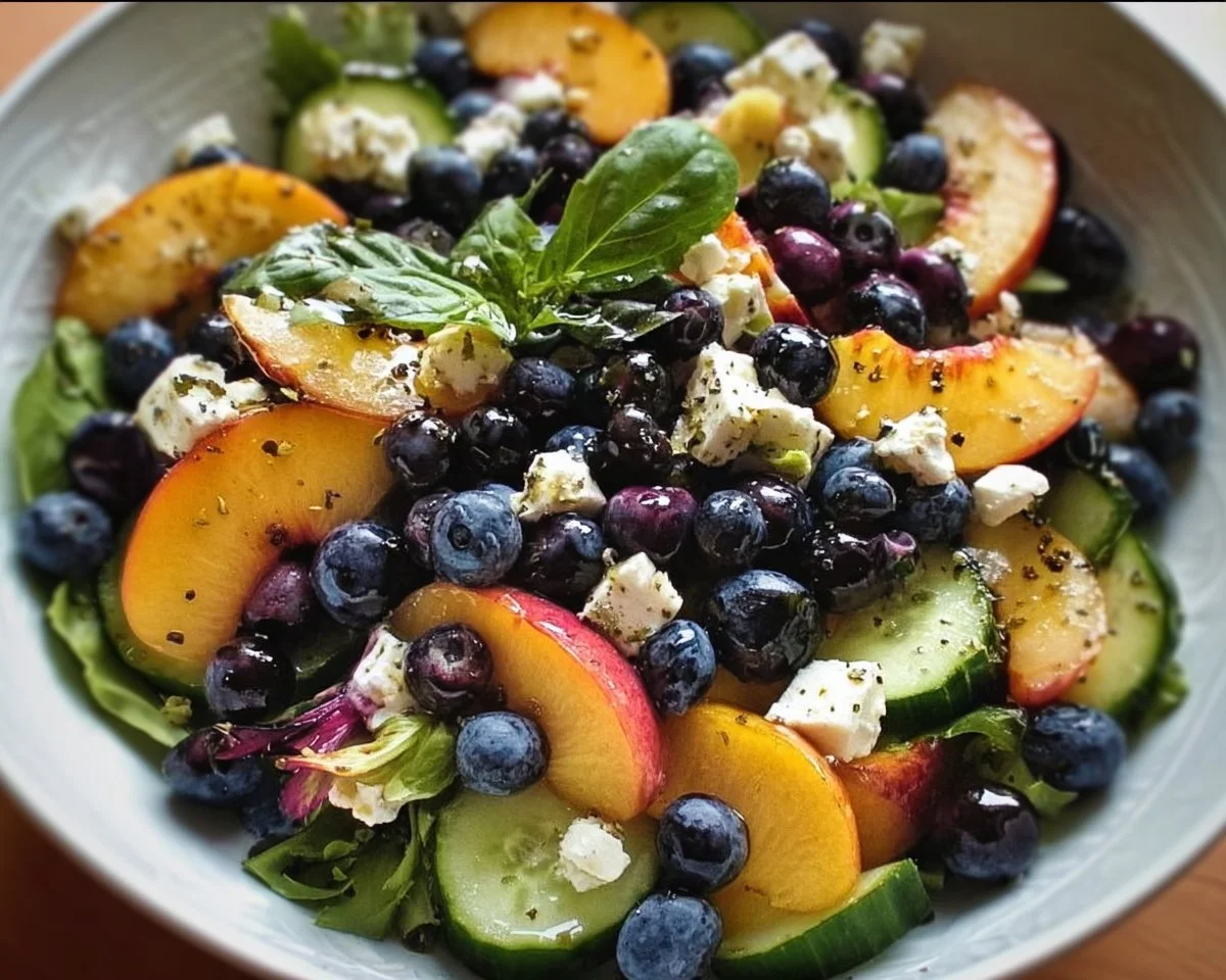 Bright Blueberry Peach Feta Salad with fresh fruits and creamy feta cheese