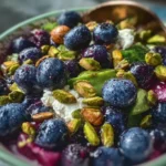 Blueberry pistachio spring salad with colorful ingredients on a plate