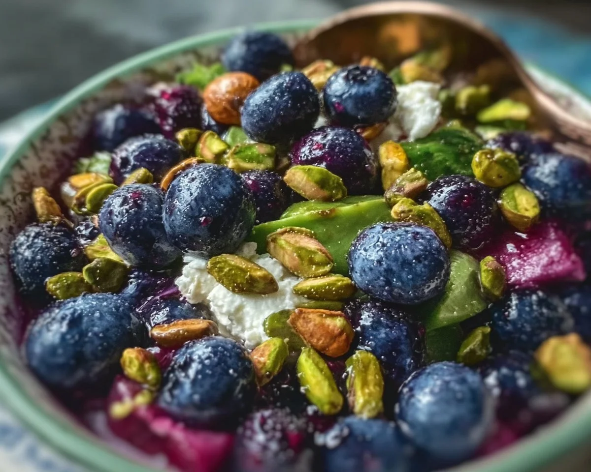 Blueberry pistachio spring salad with colorful ingredients on a plate