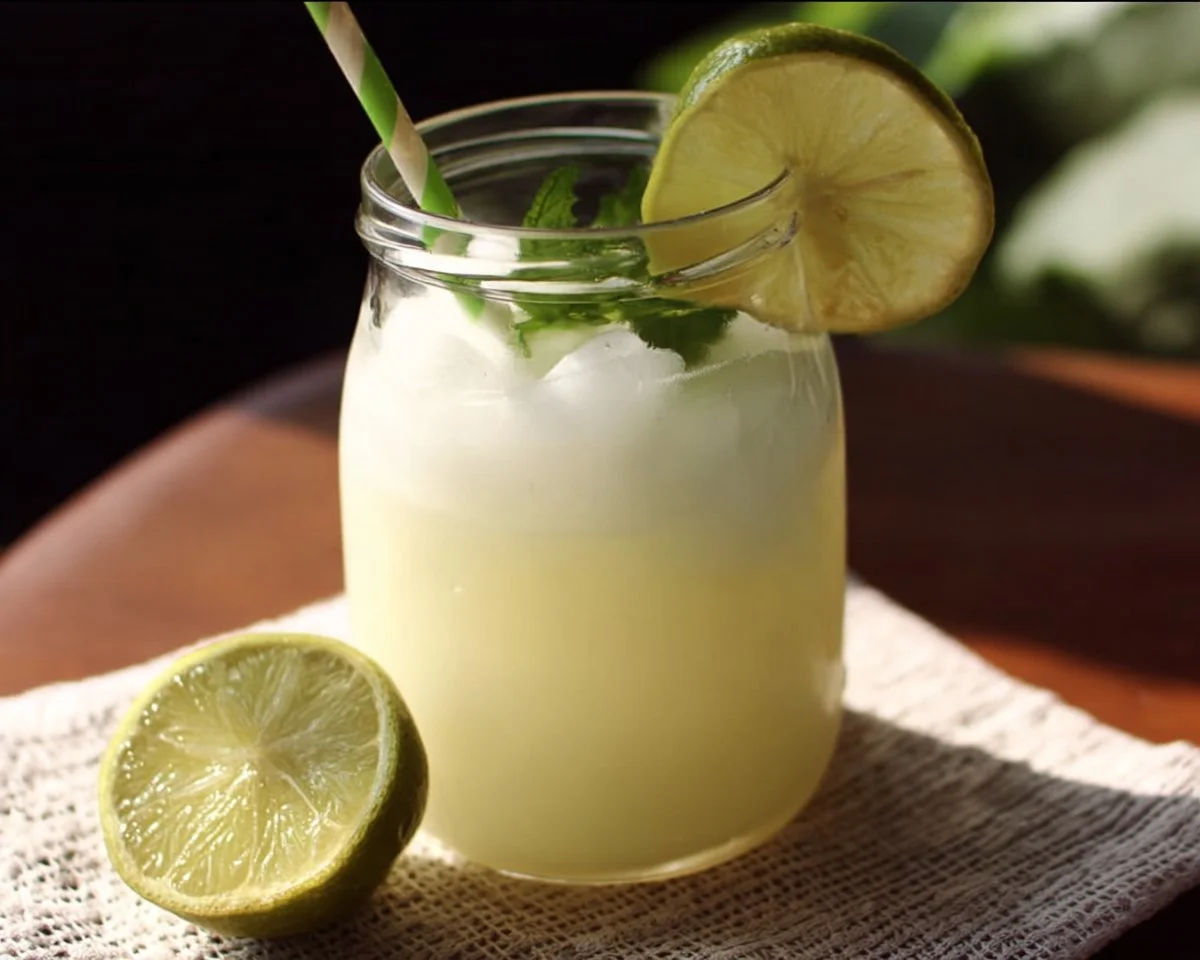 A glass of Brazilian Lemonade served with fresh limes and mint leaves