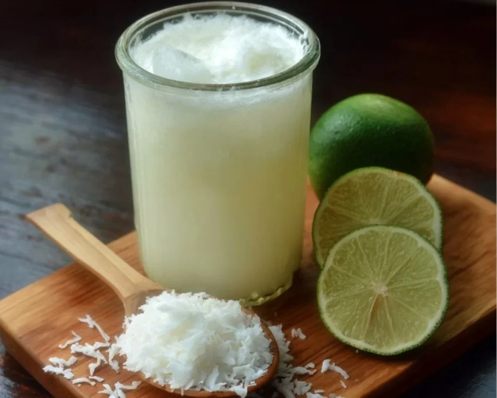 Delicious Brazilian lemonade with coconut in a glass with ice