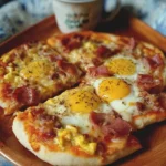 Delicious breakfast pizza topped with eggs, cheese, and vegetables