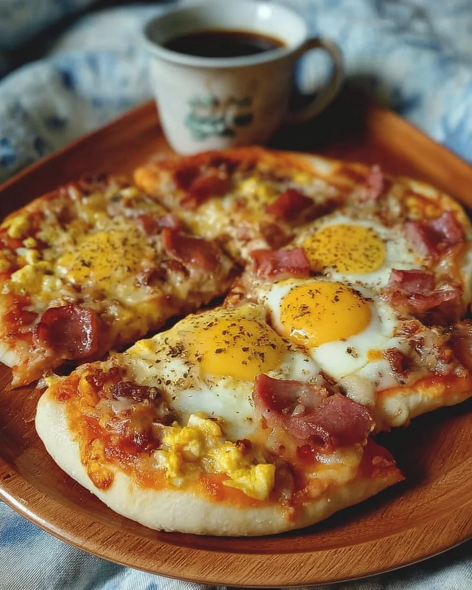 Delicious breakfast pizza topped with eggs, cheese, and vegetables