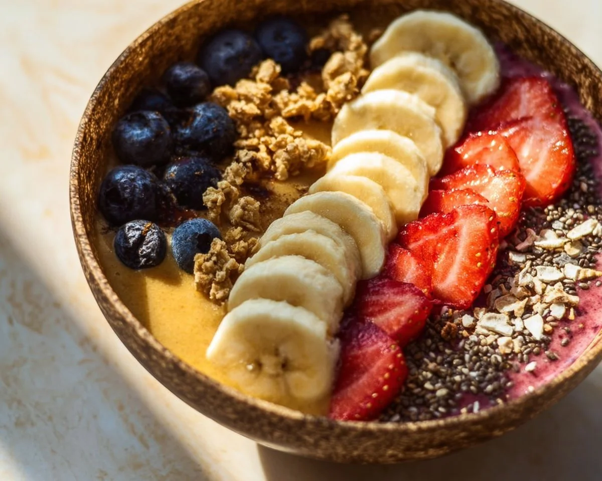 Colorful breakfast smoothie bowl topped with fresh fruits and nuts