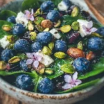 Delicious blueberry pistachio salad garnished with fresh blueberries and nuts