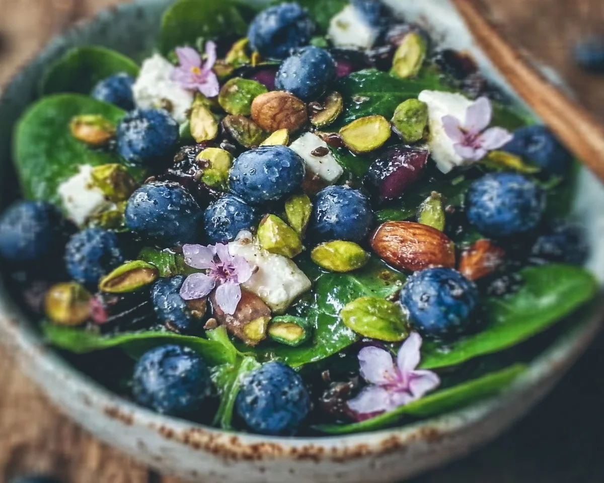 Delicious blueberry pistachio salad garnished with fresh blueberries and nuts