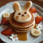Bunny Pancakes decorated with fruits and chocolate on a plate