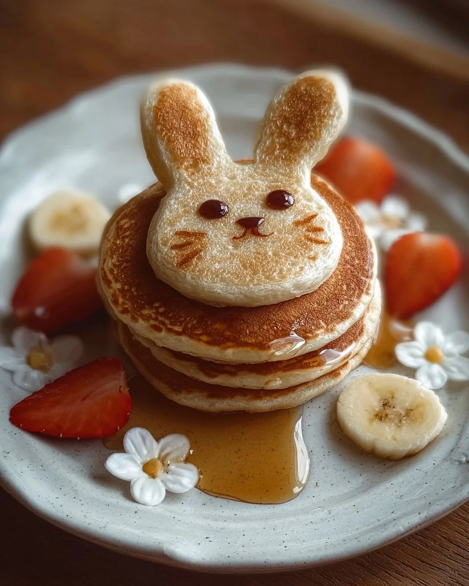 Bunny Pancakes decorated with fruits and chocolate on a plate