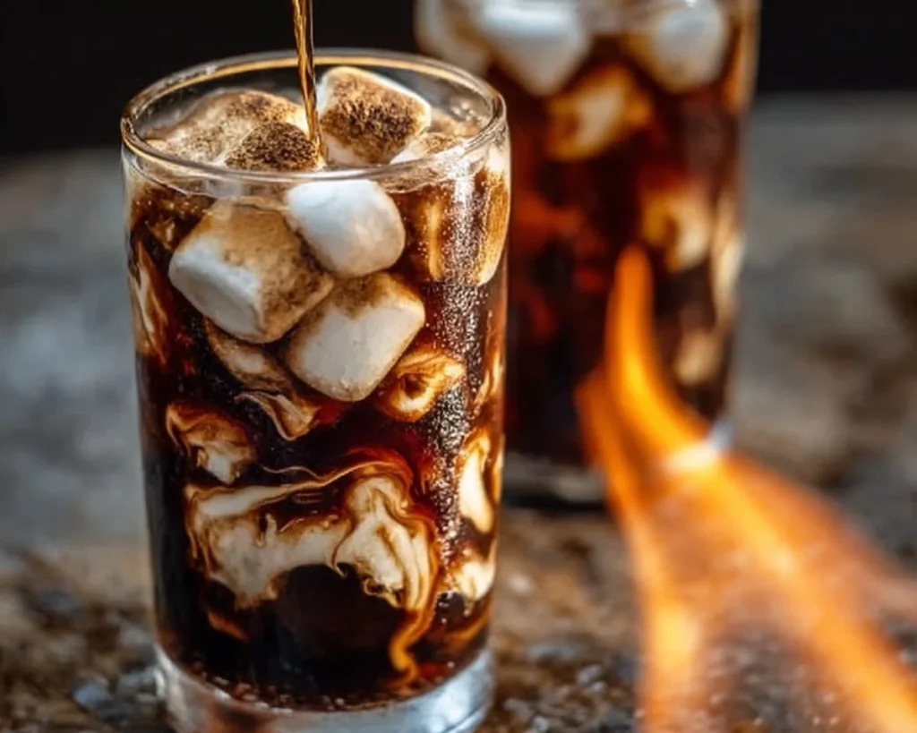 A refreshing Campfire Cola Dirty Soda served in a rustic glass.