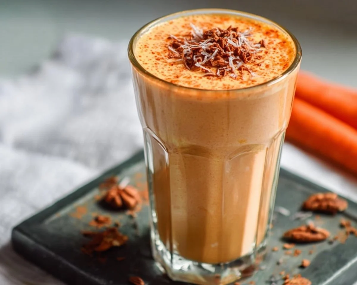 Delicious Carrot Cake Smoothie topped with spices and fresh carrots