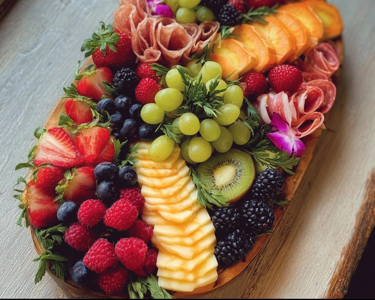 Delicious charcuterie and fruit board with assorted meats, cheeses, and fresh fruits