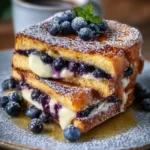Cheesecake stuffed french toast topped with fresh blueberries on a plate.
