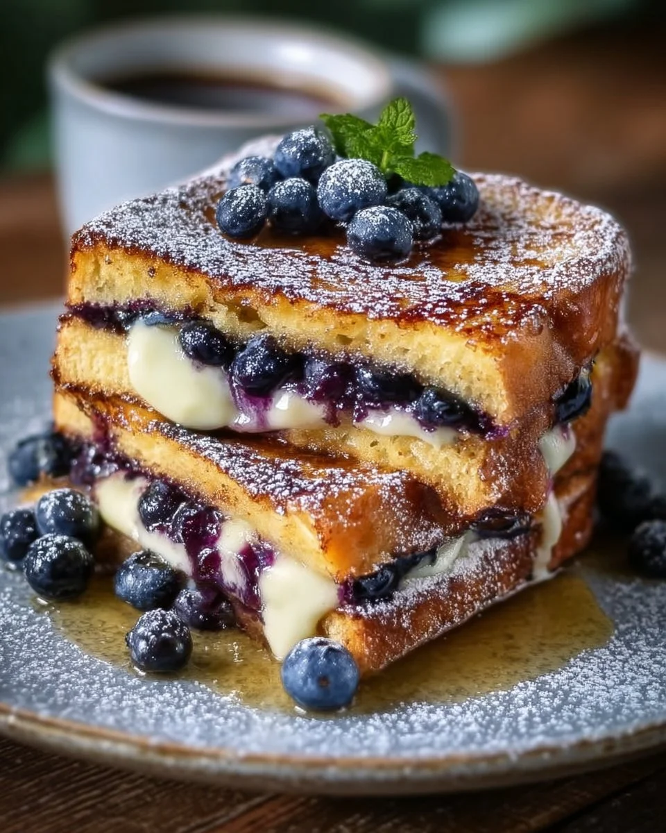 Cheesecake stuffed french toast topped with fresh blueberries on a plate.