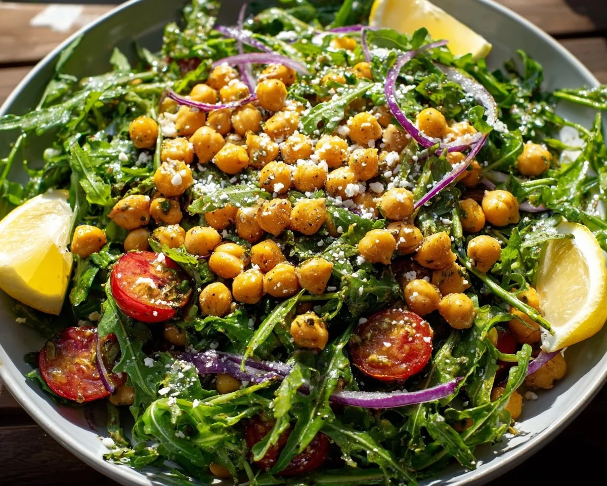Chickpea Arugula Salad with Lemon Dijon Dressing served in a bowl