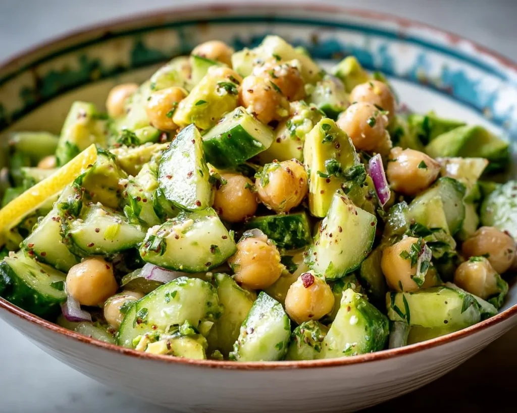 Chickpea avocado cucumber salad with lemon dressing in a bowl