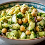 Chickpea avocado cucumber salad with lemon dressing in a bowl