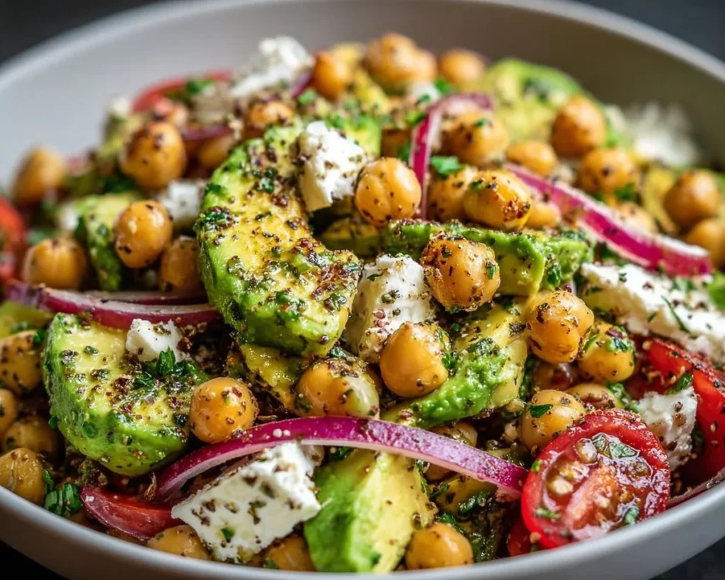Chickpea Feta Avocado Salad with fresh ingredients and vibrant colors