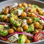 Chickpea Feta Avocado Salad with fresh ingredients and vibrant colors