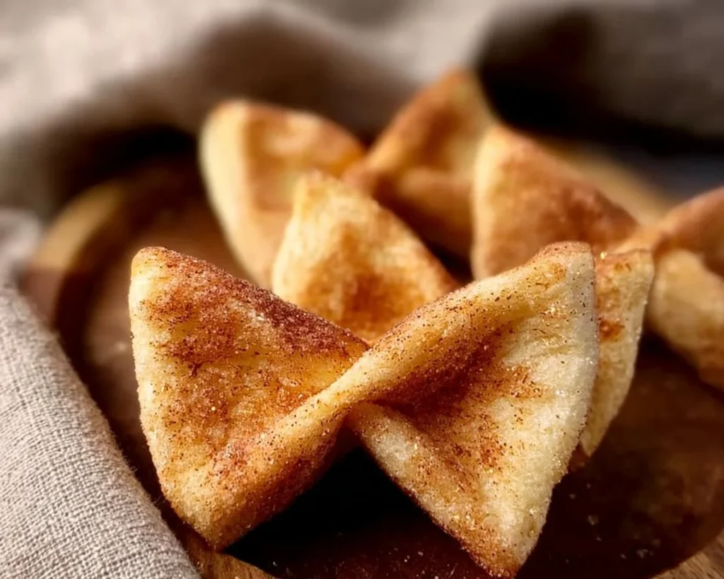 Cinnamon Sugar Toast Bows served on a plate with a sprinkle of cinnamon sugar.
