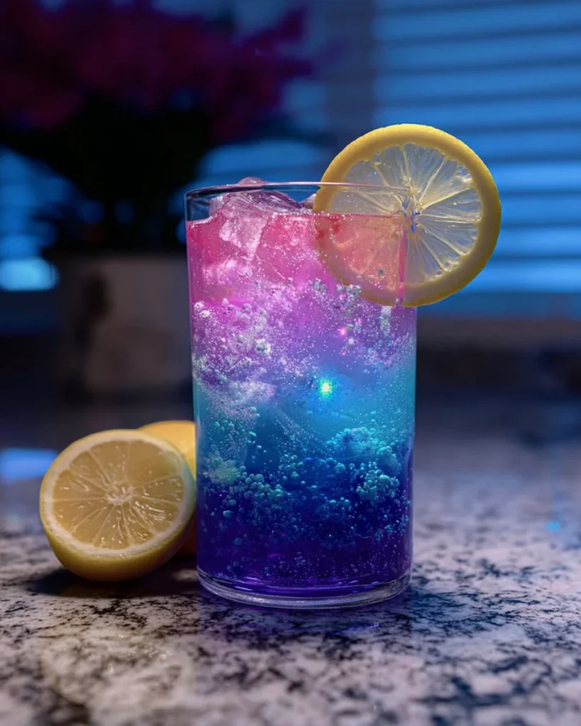 Color-Changing Galaxy Lemonade served in a glass, showcasing vibrant colors.