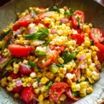 Delicious corn salad with fresh vegetables and dressing on a plate
