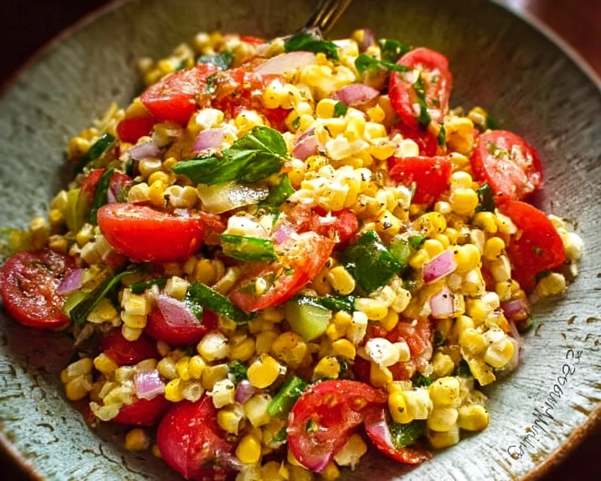 Delicious corn salad with fresh vegetables and dressing on a plate