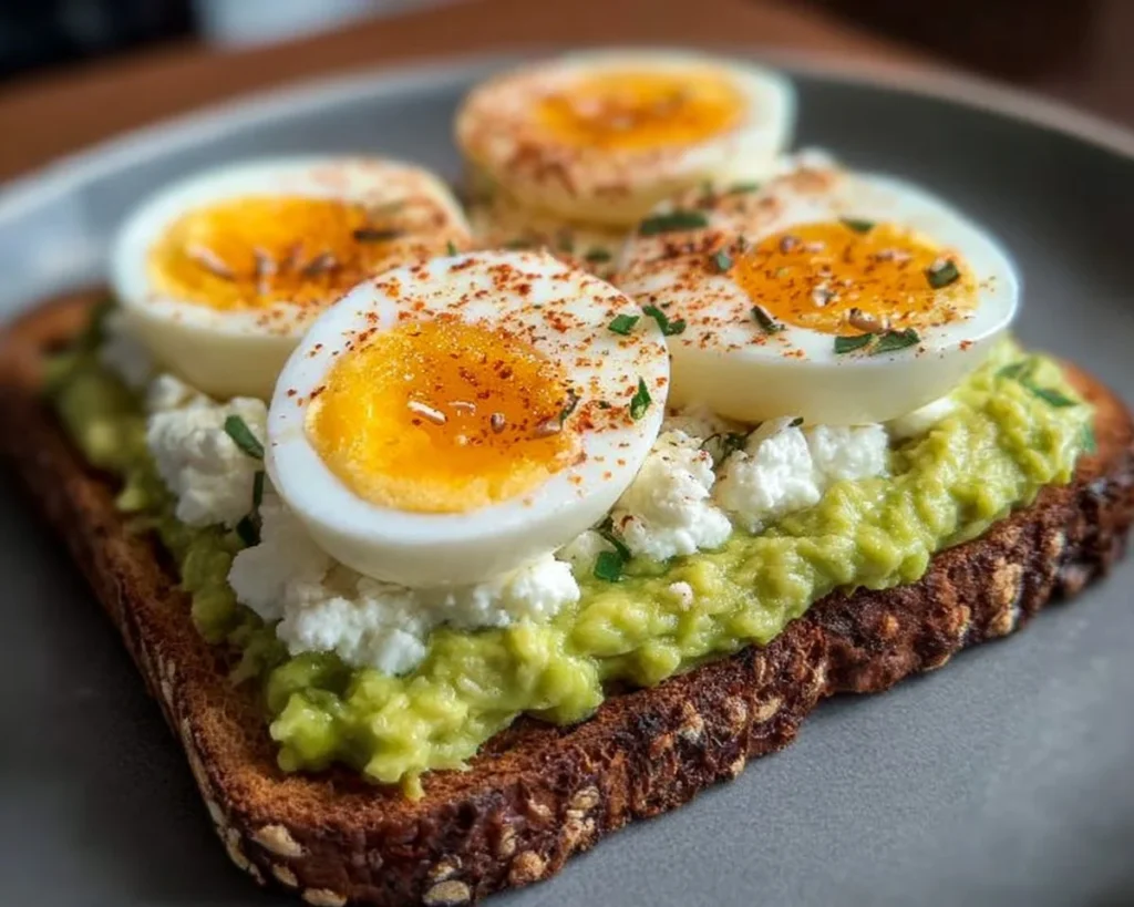Cottage Cheese Avocado Toast topped with a hard-boiled egg on a plate