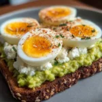 Cottage Cheese Avocado Toast topped with a hard-boiled egg on a plate