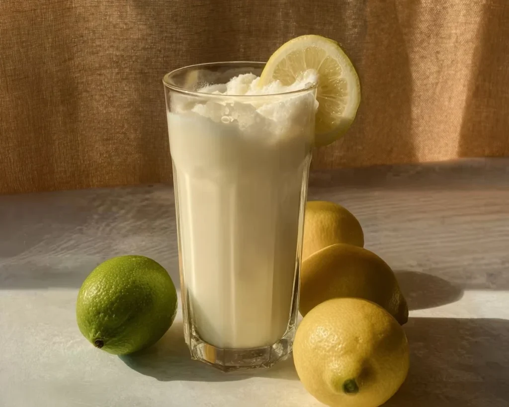 Creamy Brazilian lemonade in a glass with lime slices and mint garnish