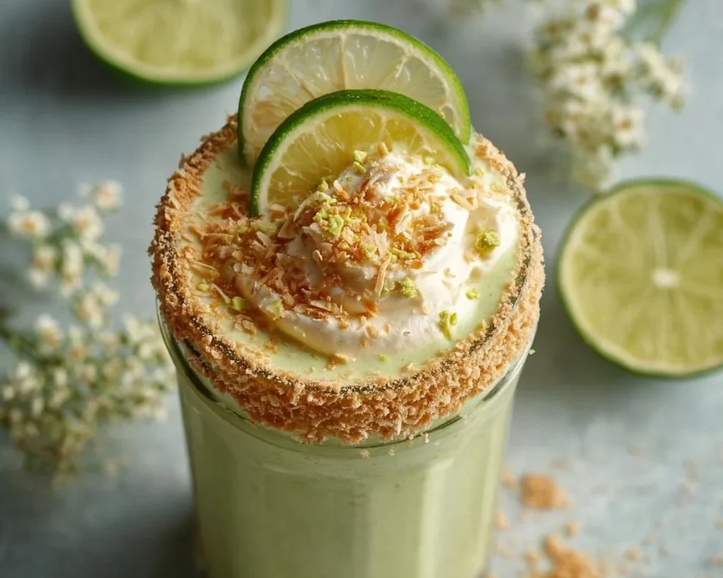 Creamy coconut key lime pie smoothie topped with fresh lime and coconut flakes