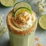 Creamy coconut key lime pie smoothie topped with fresh lime and coconut flakes