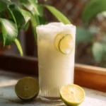 A refreshing glass of creamy coconut milk Brazilian lemonade topped with lime.