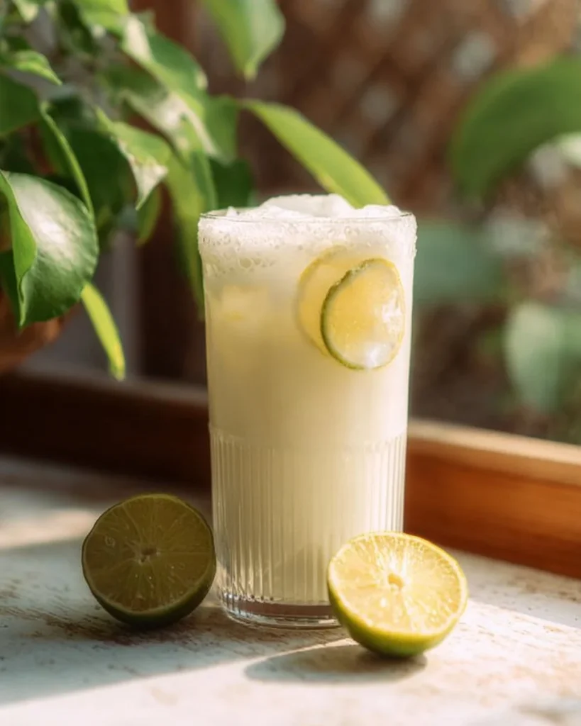 A refreshing glass of creamy coconut milk Brazilian lemonade topped with lime.