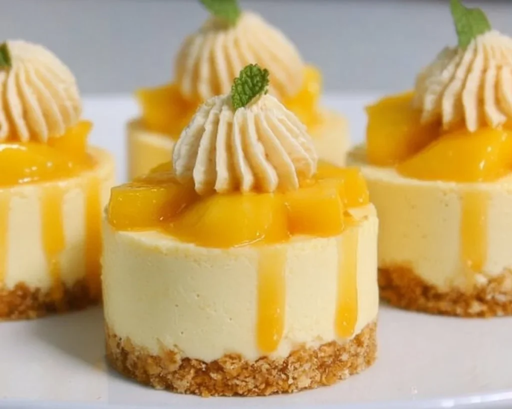 Creamy mini mango cheesecakes topped with fresh mango slices.