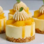 Creamy mini mango cheesecakes topped with fresh mango slices.