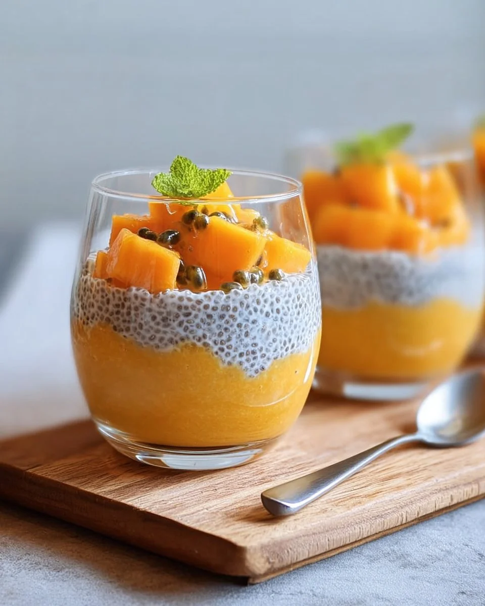 Creamy papaya and mango chia pots garnished with fresh fruit.
