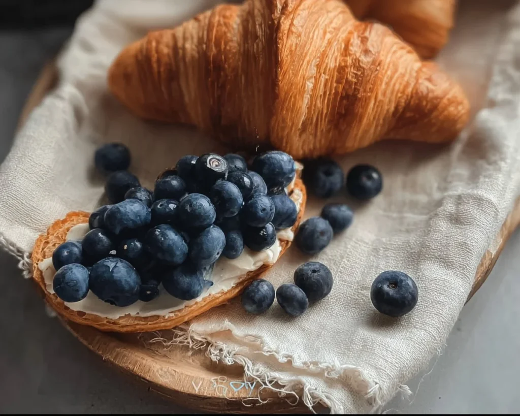 Croissant filled with fresh blueberries on a rustic wooden table