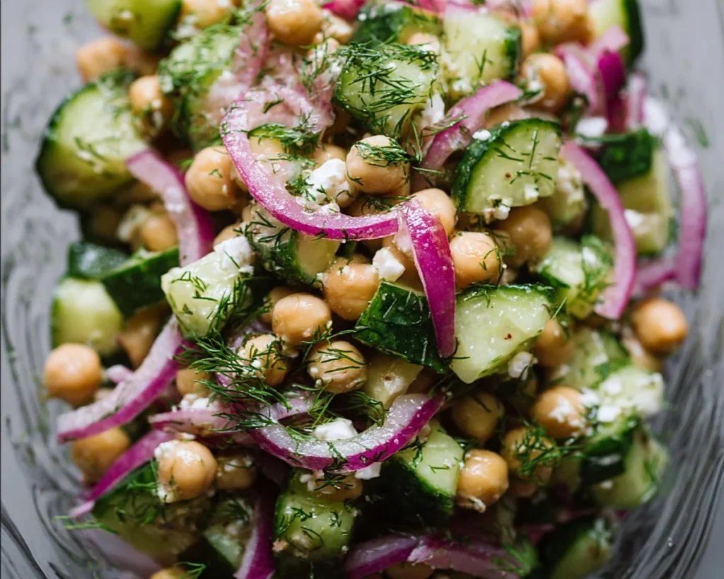 Cucumber Chickpea Salad with red onion and dill in a bowl