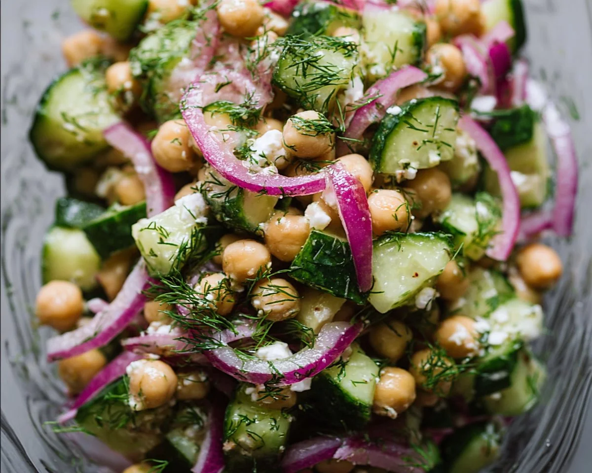 Cucumber Chickpea Salad with red onion and dill in a bowl