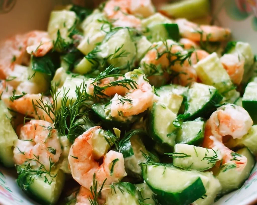 Cucumber Shrimp Salad with fresh ingredients and shrimp served in a bowl