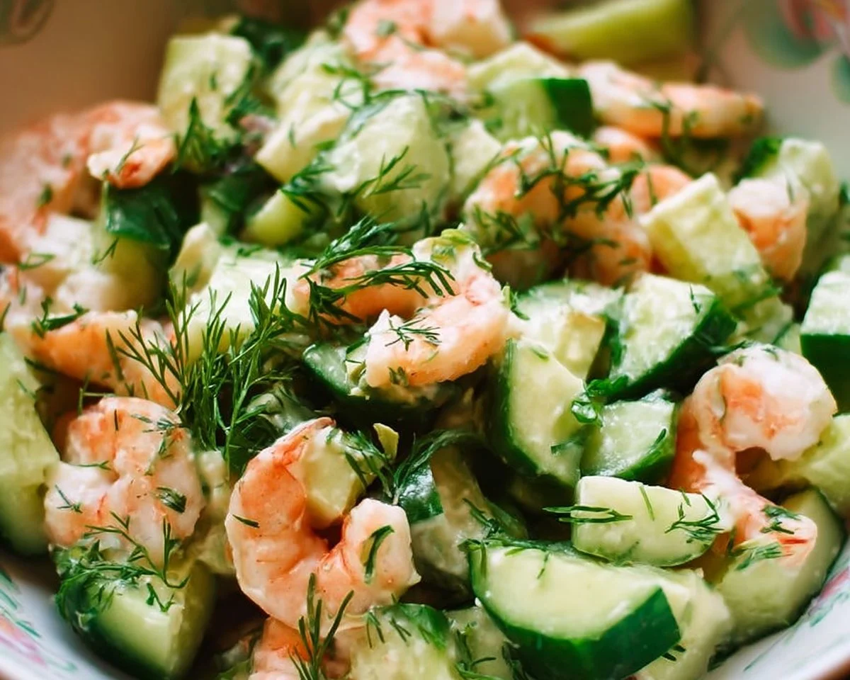 Cucumber Shrimp Salad with fresh ingredients and shrimp served in a bowl