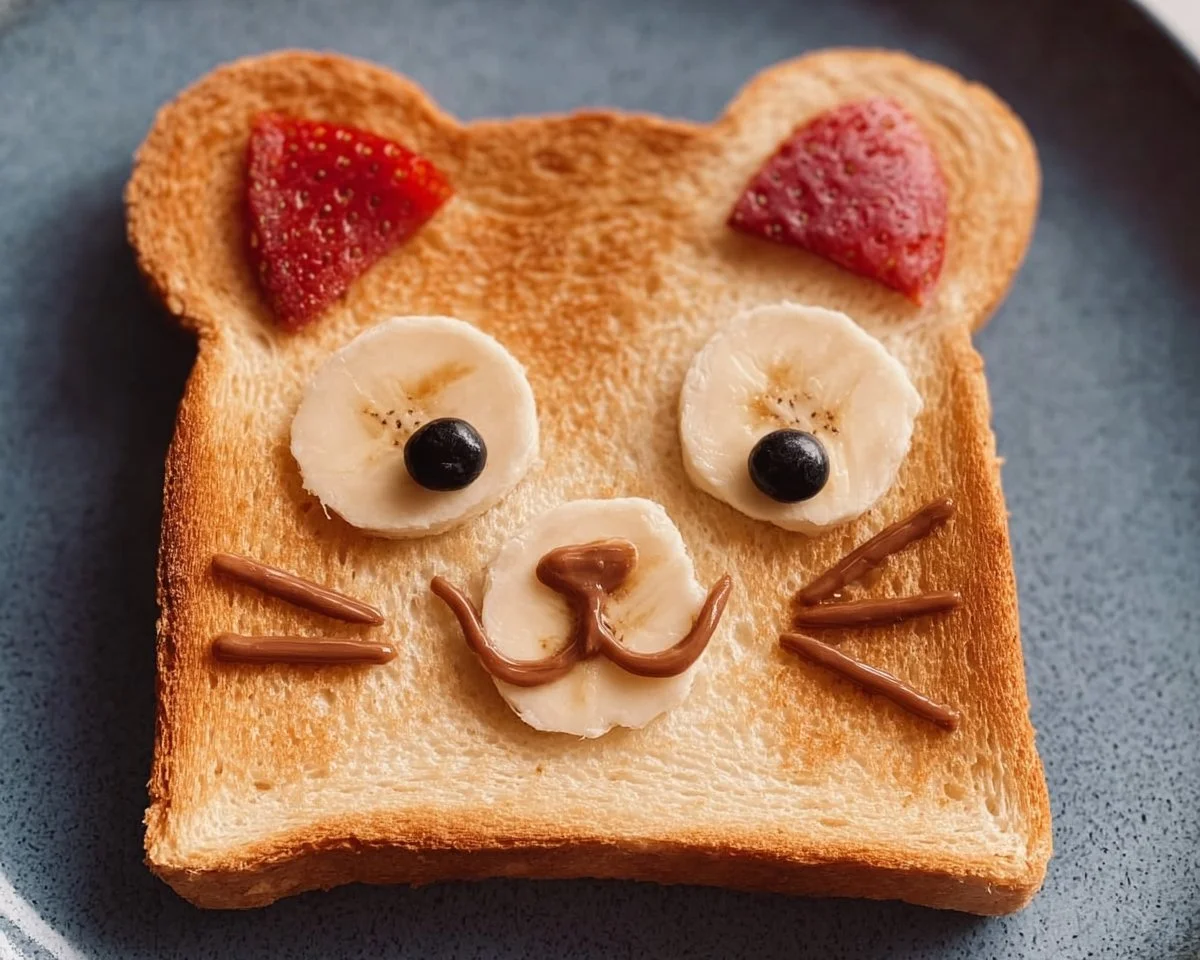 Cute animal face toast with colorful toppings for a fun breakfast.