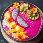 Colorful Dragon Fruit and Mango Smoothie Bowl topped with fresh fruits and seeds