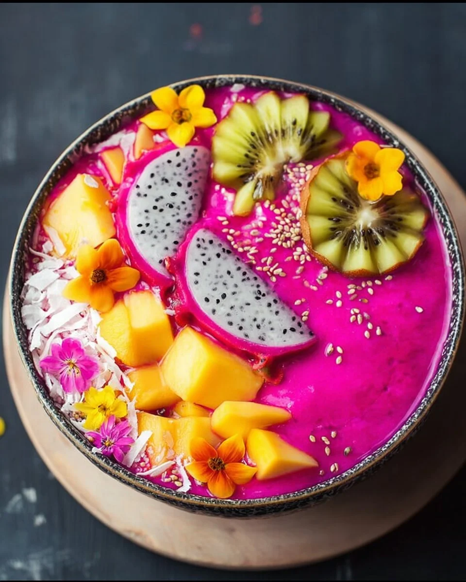 Colorful Dragon Fruit and Mango Smoothie Bowl topped with fresh fruits and seeds