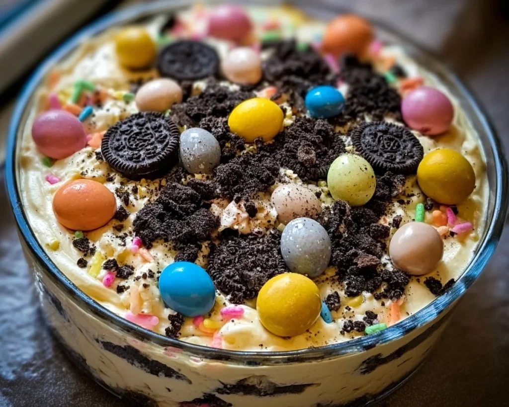 Easter Dirt Cake Casserole dessert with chocolate and gummy worms