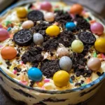 Easter Dirt Cake Casserole dessert with chocolate and gummy worms