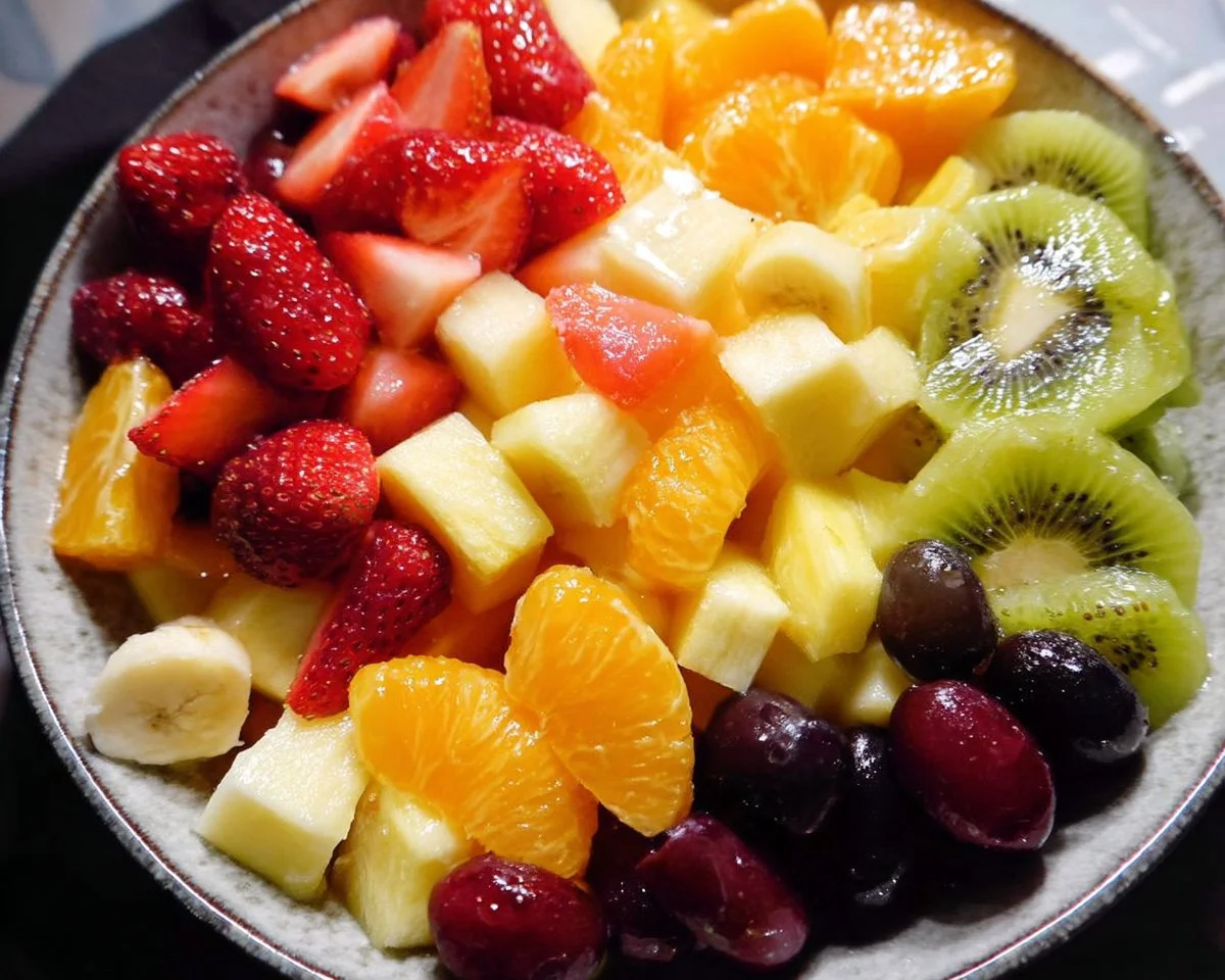 A bowl of easy fruit salad with a mix of fresh fruits like berries, melons, and bananas.