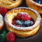 Fluffy mini Dutch baby pancakes served with fresh fruits and powdered sugar.