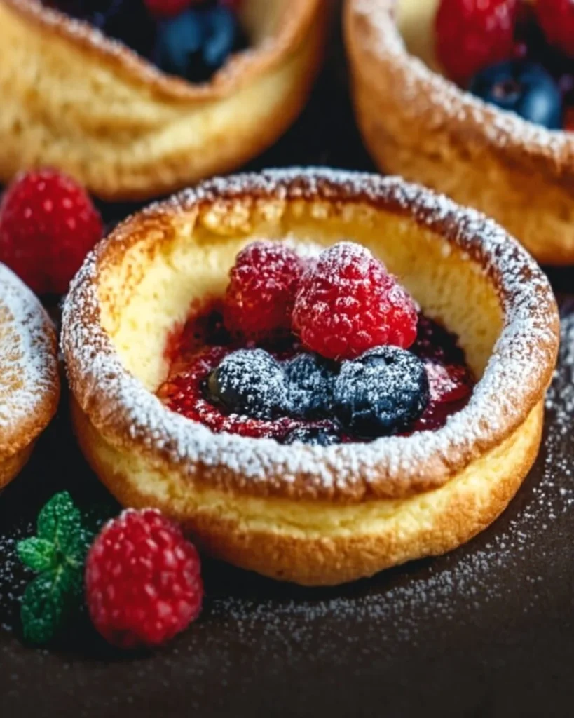 Fluffy mini Dutch baby pancakes served with fresh fruits and powdered sugar.